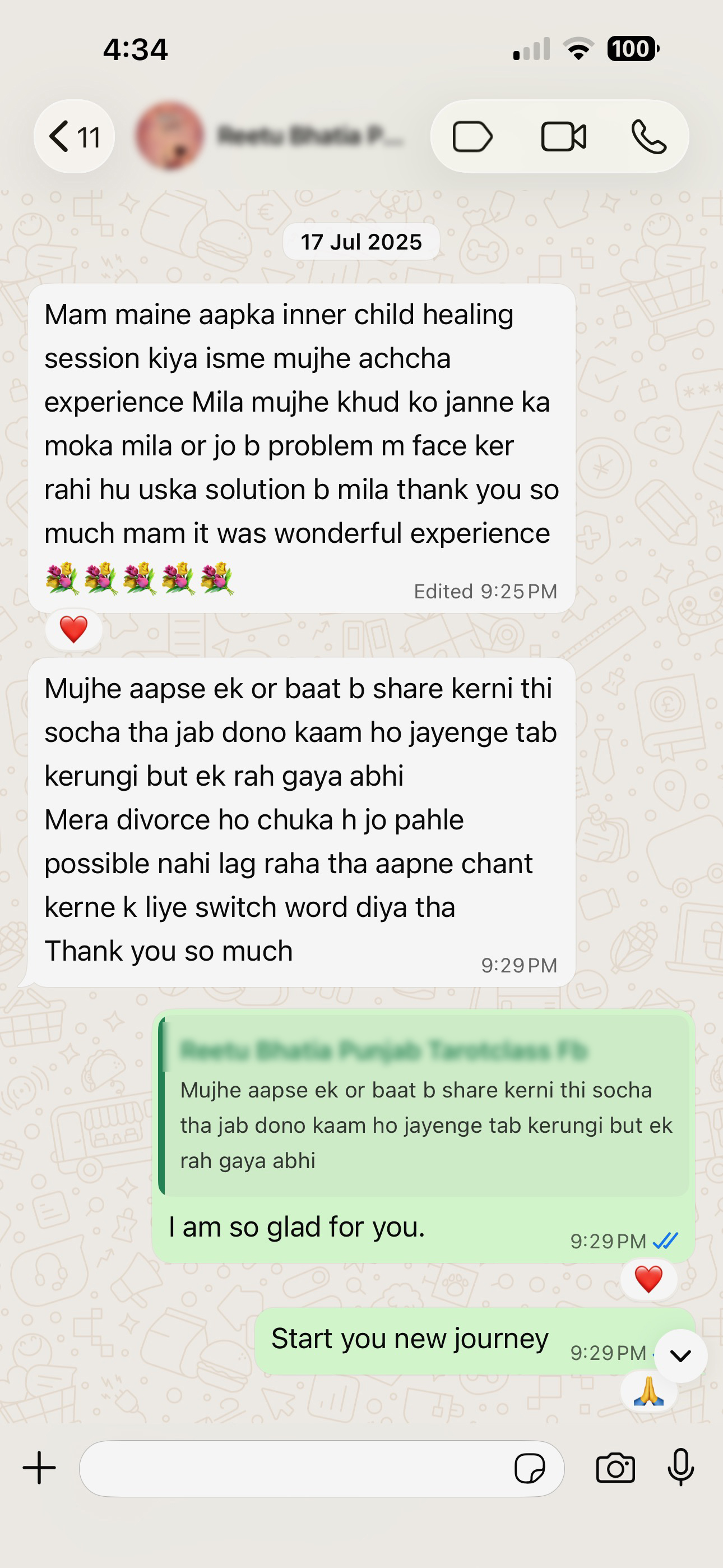 WhatsApp testimonial about inner child healing session experience