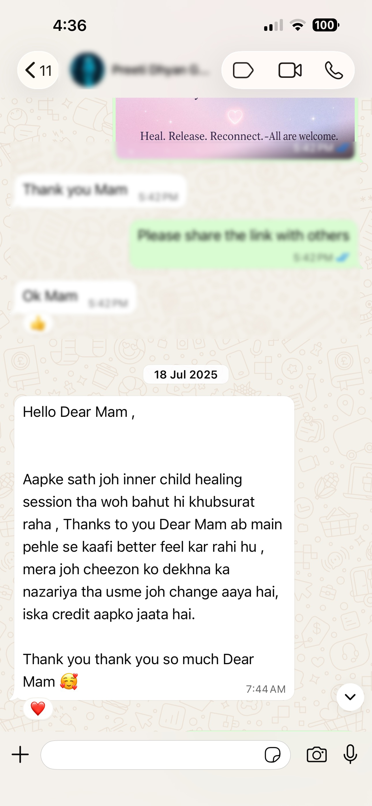 WhatsApp testimonial about inner child healing being a beautiful experience