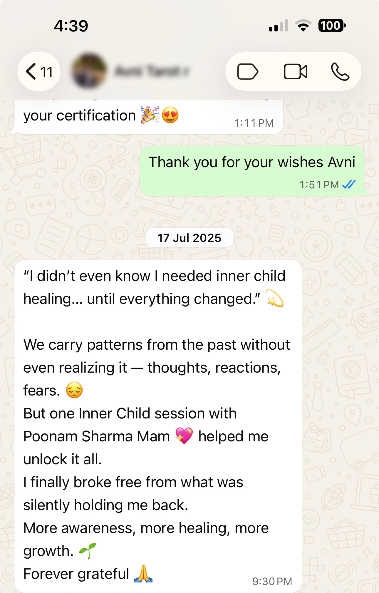 WhatsApp testimonial about breaking free from patterns through inner child healing