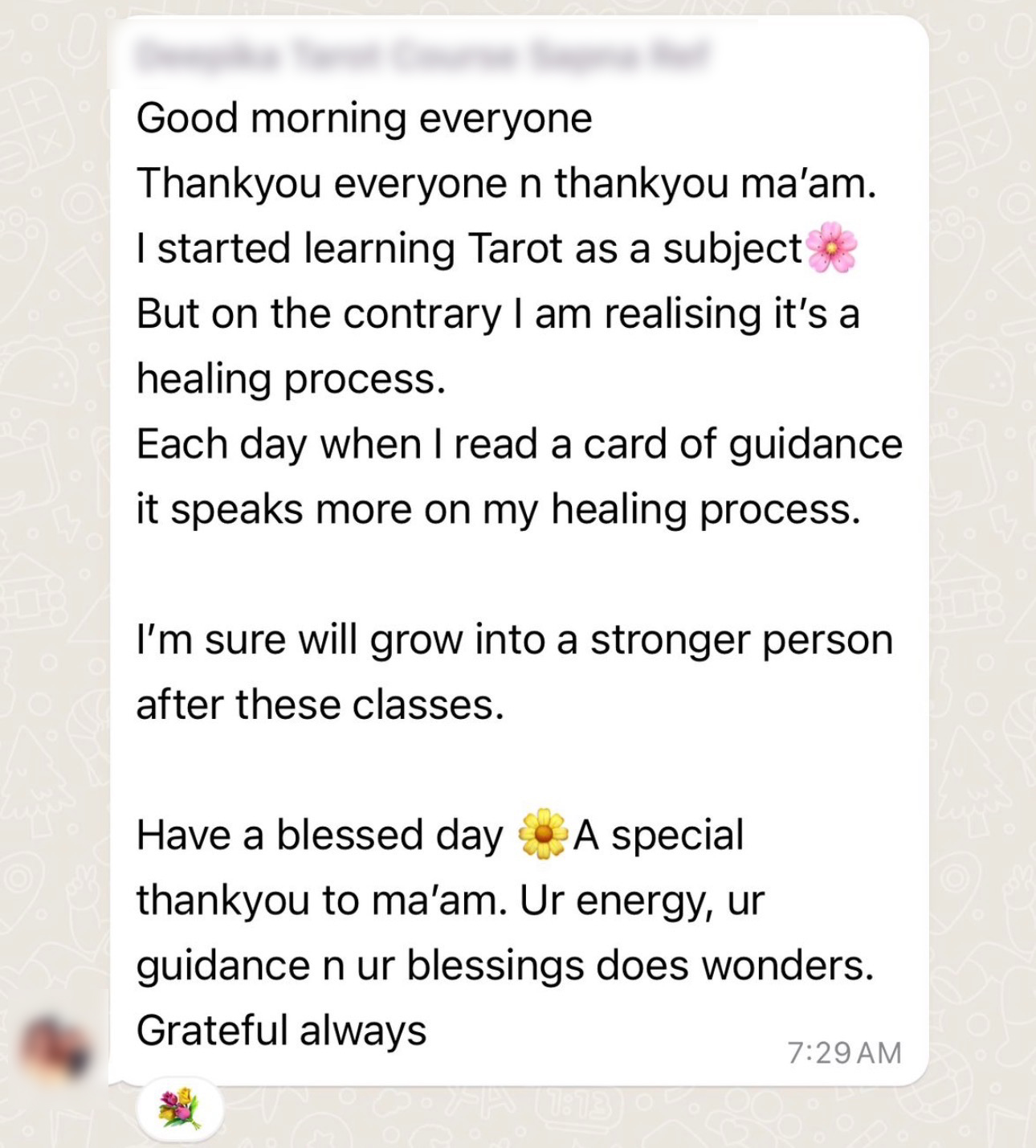 WhatsApp testimonial about tarot learning becoming a healing process