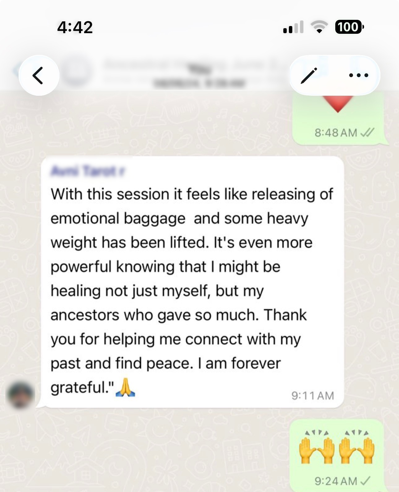 WhatsApp testimonial about releasing emotional baggage and healing ancestors