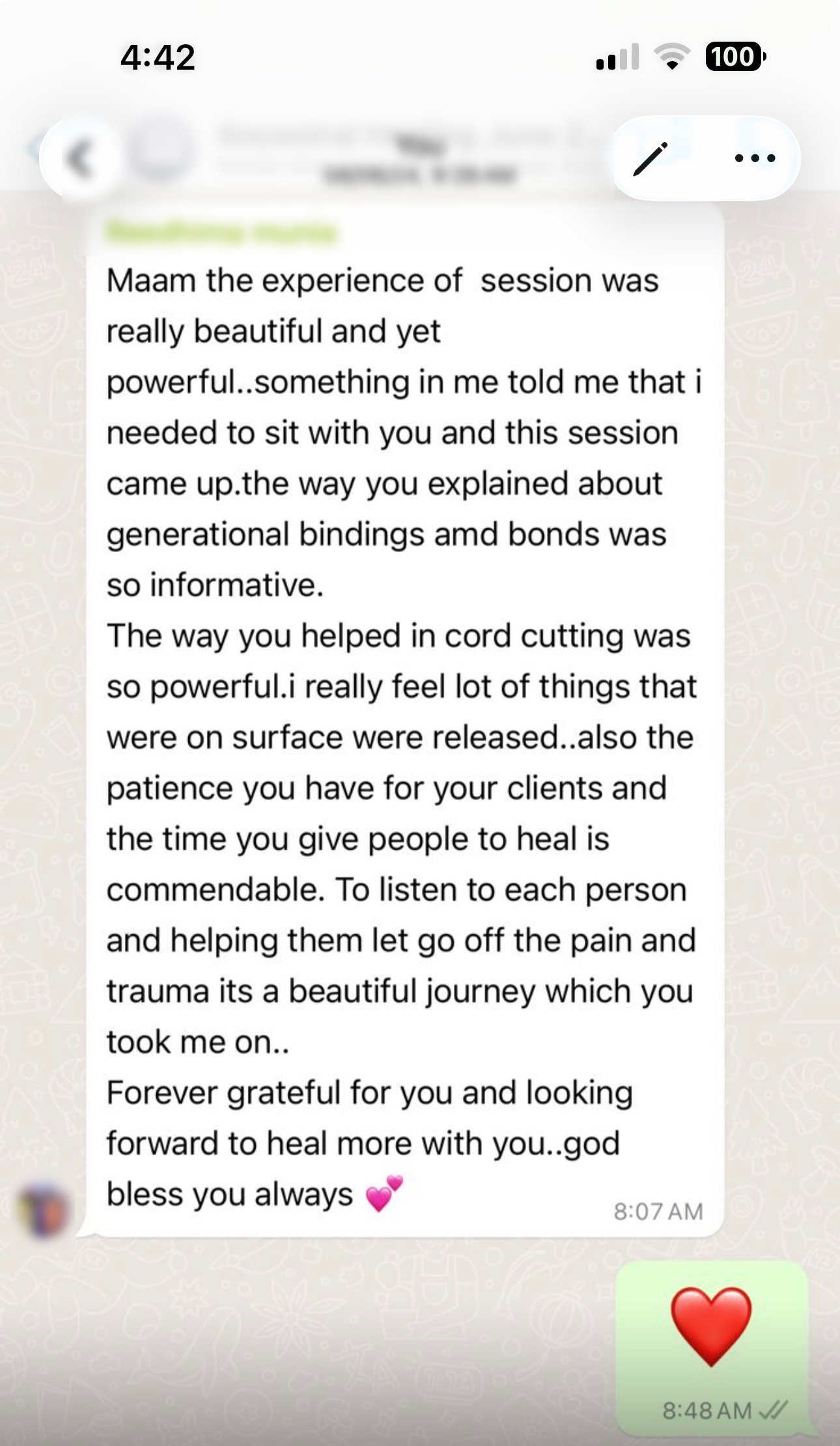 WhatsApp testimonial about powerful cord cutting and generational healing