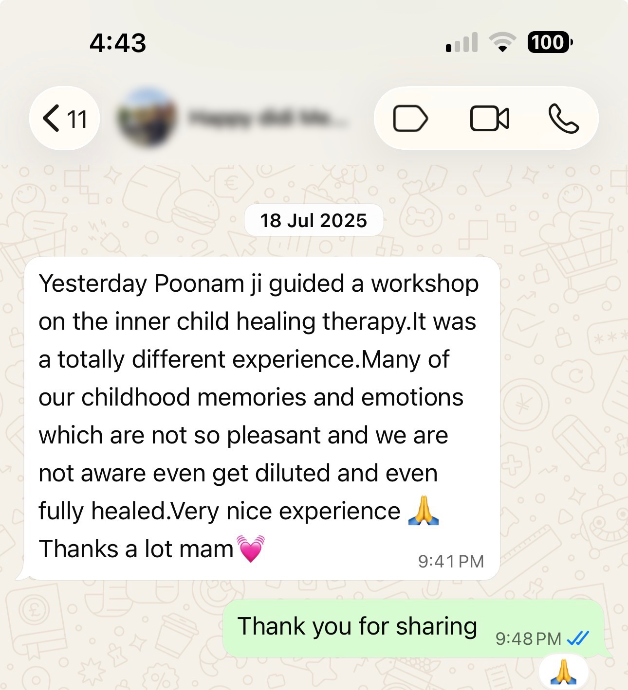 WhatsApp testimonial about inner child healing workshop experience